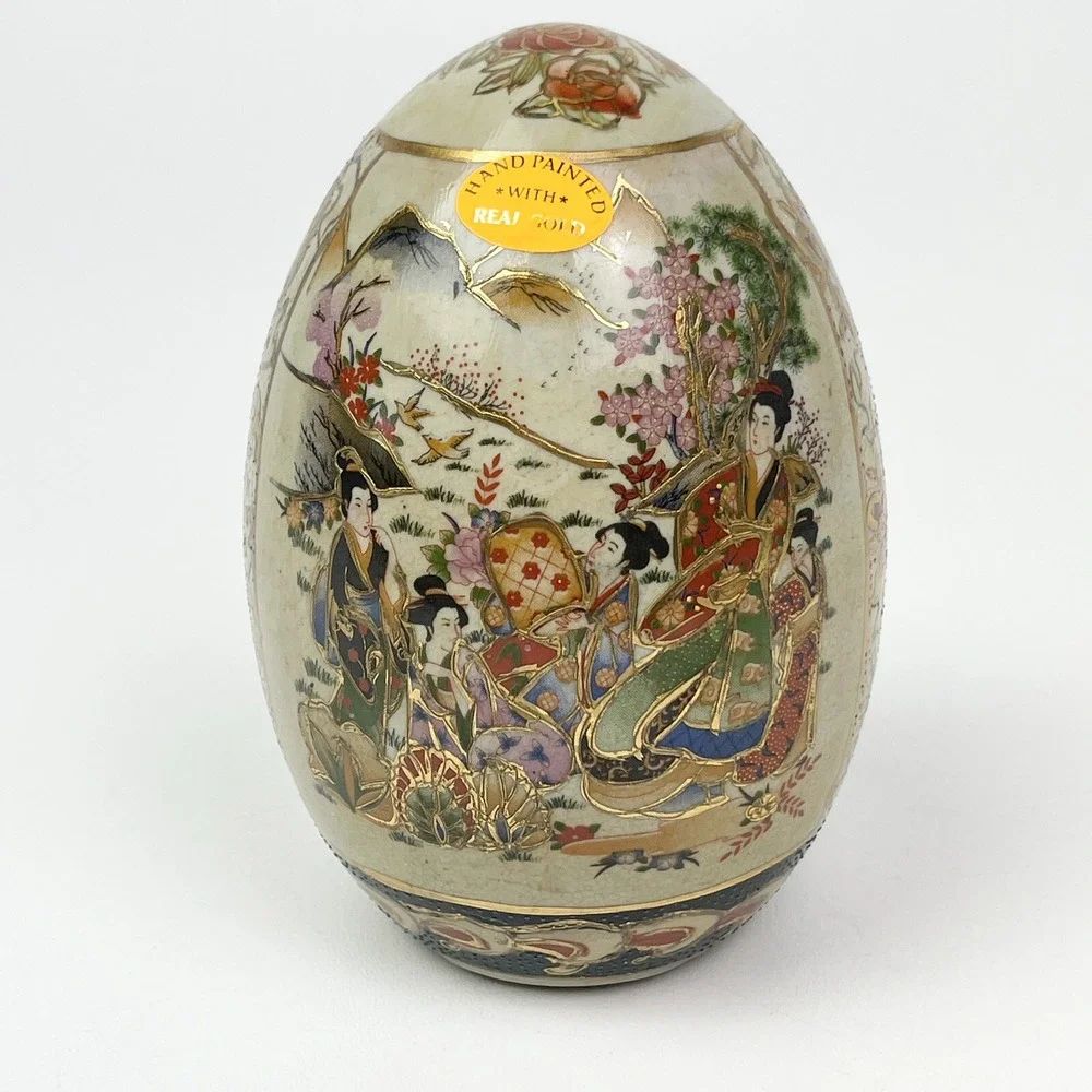Vtg Royal Satsuma Egg Hand Painted Geisha Porcelain Gilded Hand Painted 6